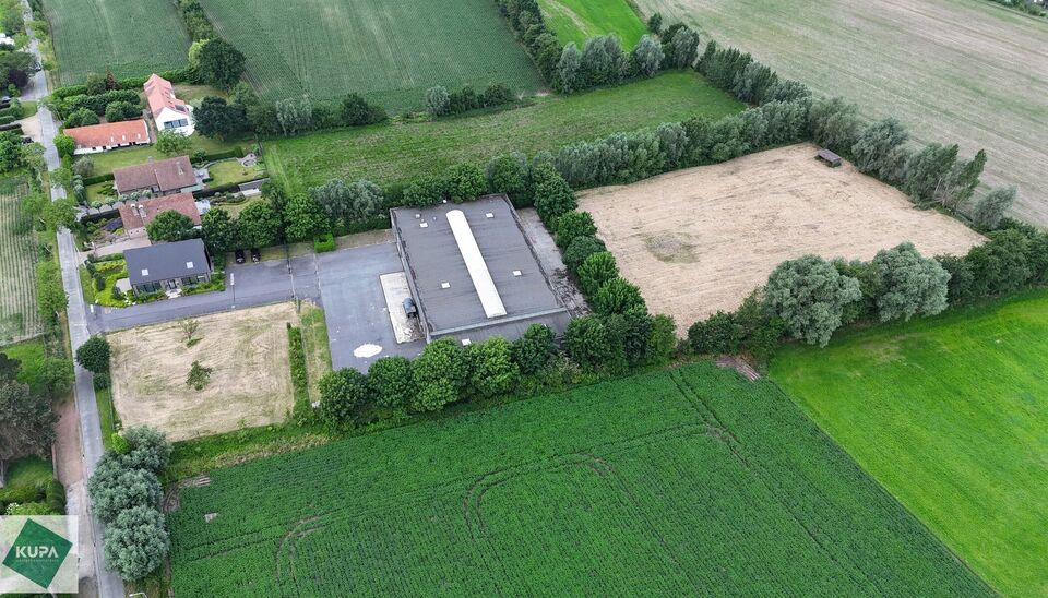 Ruime bedrijfssite met nieuwbouw kantoorgebouw, achterliggende loods van circa 1.680 m&sup2; en aansluitend weiland.
Vooraan aan de straat bevindt zich een recent en luxueus kantoorgebouw met ca. 160 m&sup2; bebouwde oppervlakte, bestaande uit gelijkvloers, eerst